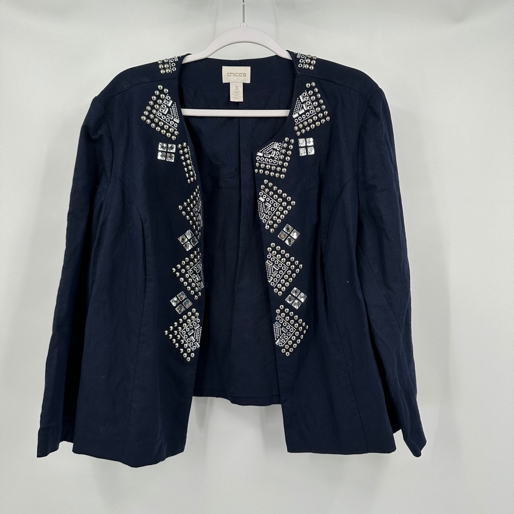 Chicos Womens Embellished Linen Blend Jacket Size 3 US XL Open Front Office